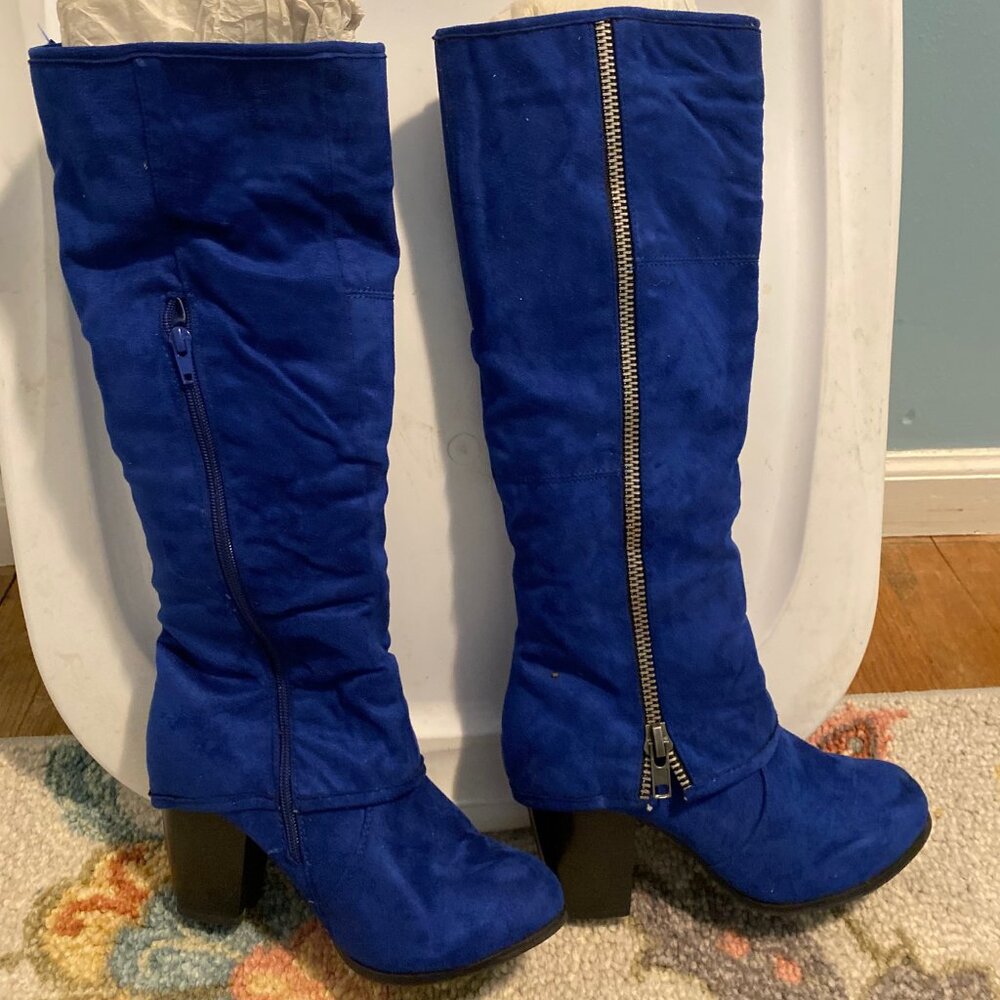 Kisses Blue Suede Zipper Calf High Heel Boots - Size 7 Womens